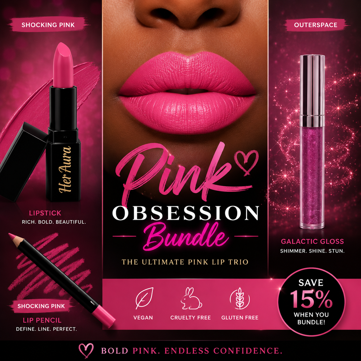 Pink Obsession Bundle| Satin Lipstick, Liquid Lipstick & Lip Pencil Trio | Pink Lip Set | Her Aura Ritual