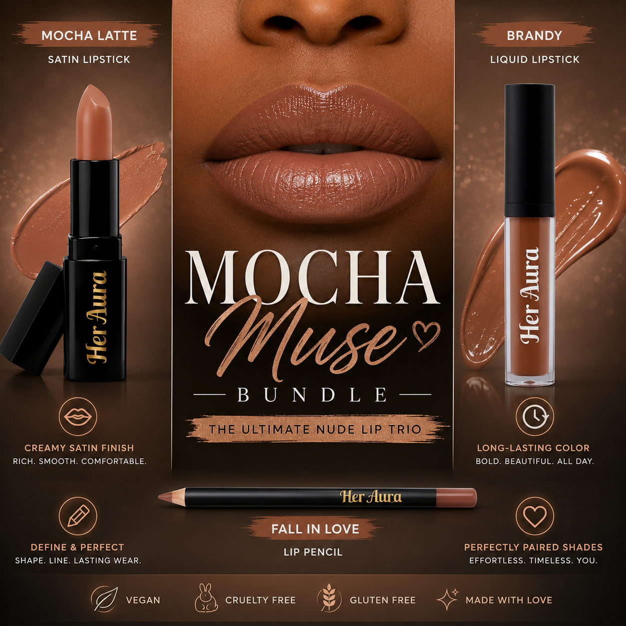 Mocha Muse Bundle | Satin Lipstick, Liquid Lipstick & Lip Pencil Trio | Warm Nude Lip Set | Her Aura Ritual