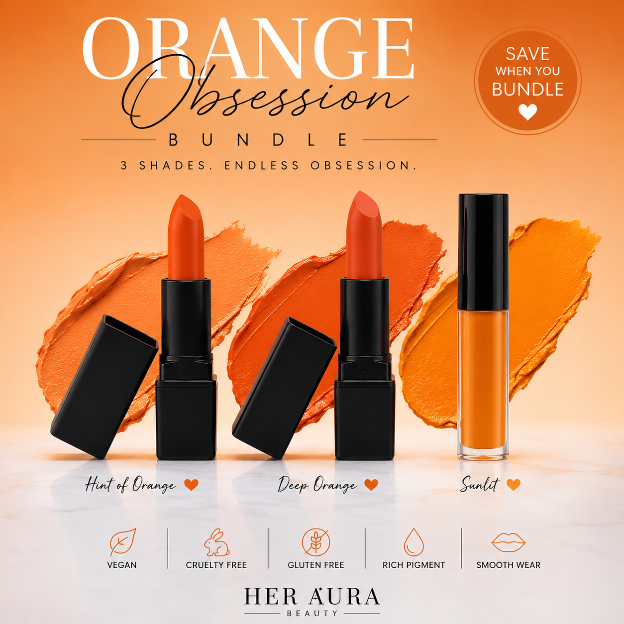 Orange Obsession Bundle | 3-Piece Lipstick Collection | Bold Orange Lip Set | Long Lasting Lip Color | Vegan Makeup Gift for Her