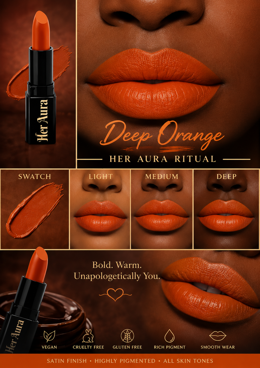 Her Aura Ritual™ Satin Lipstick – Deep Orange
