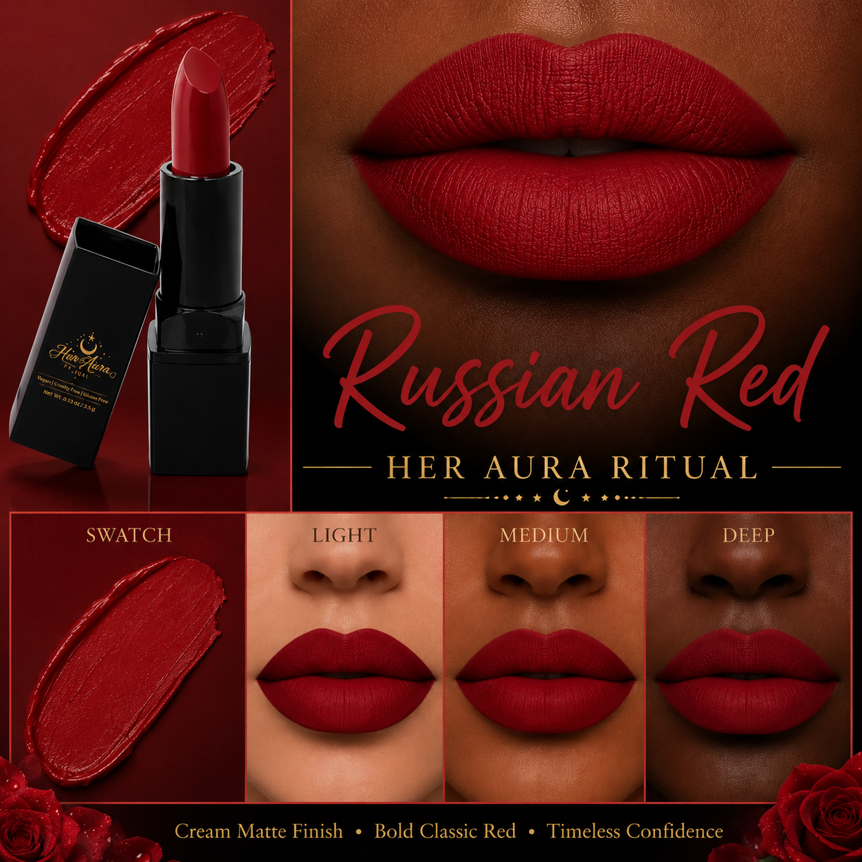 Russian Red Matte Lipstick | Classic True Red | Creamy Long-Wear Lip Color